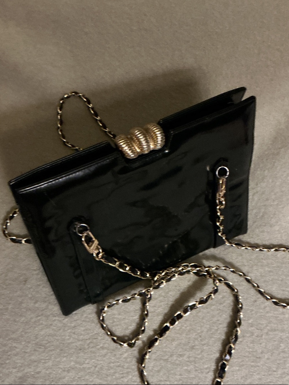 Black Patent Crossbody with Gold Chain Strap and Sculpted Clasp